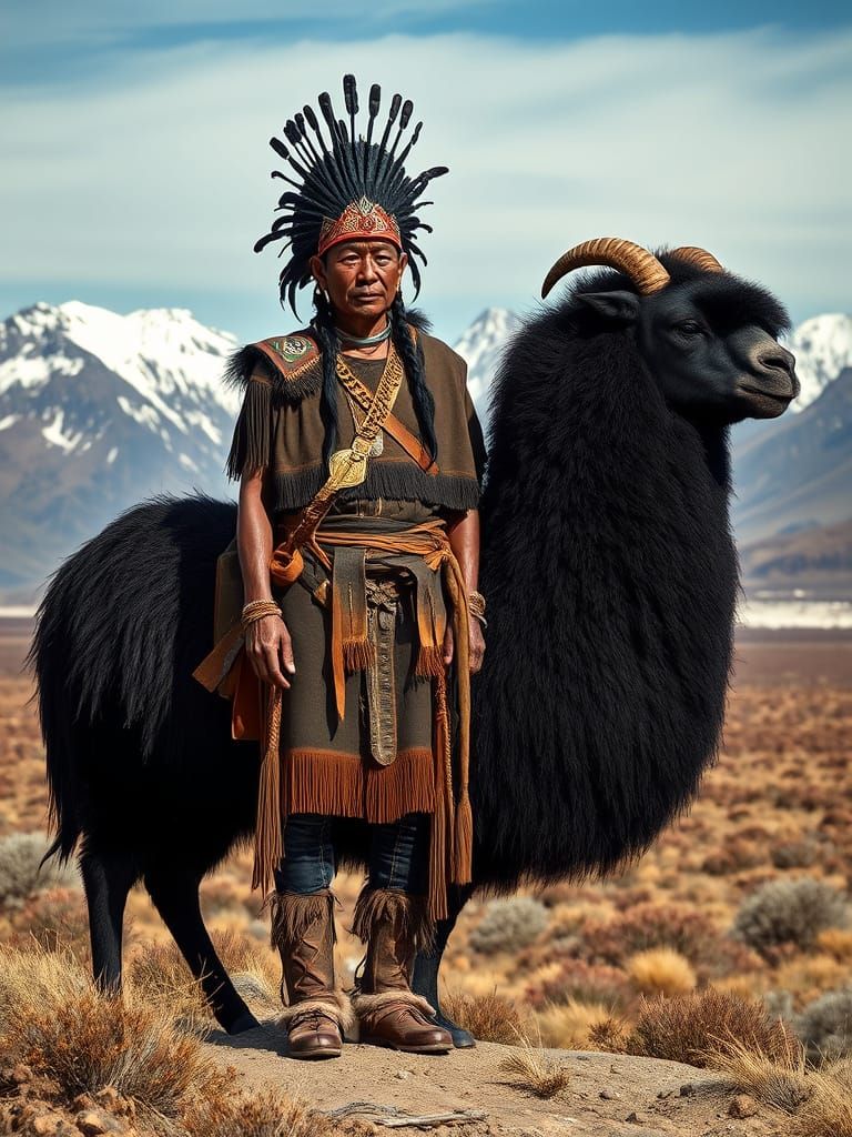 Patagonian Warrior and Llama Landscape