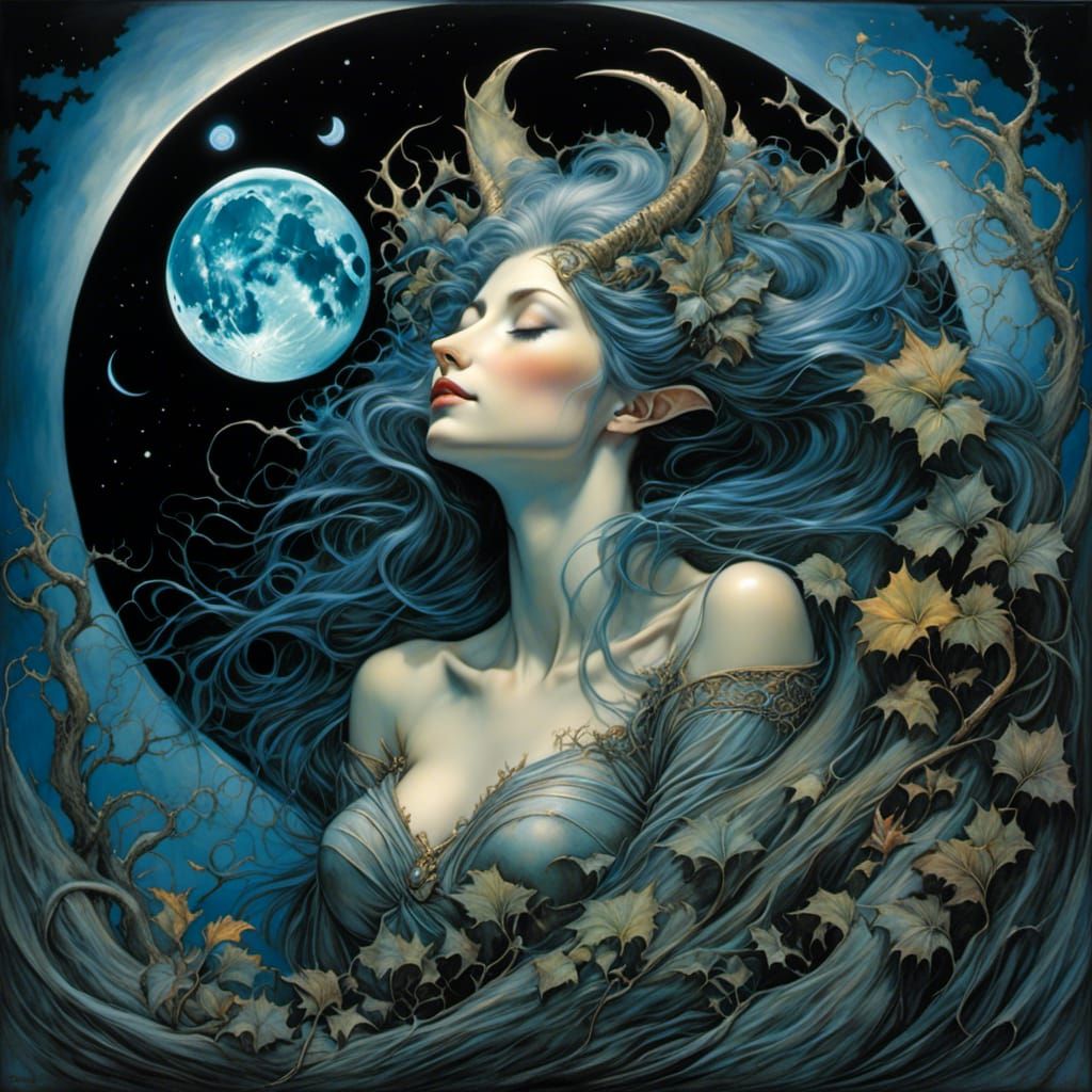 Liquid Blue Ocean Moon over Sleeping Woman