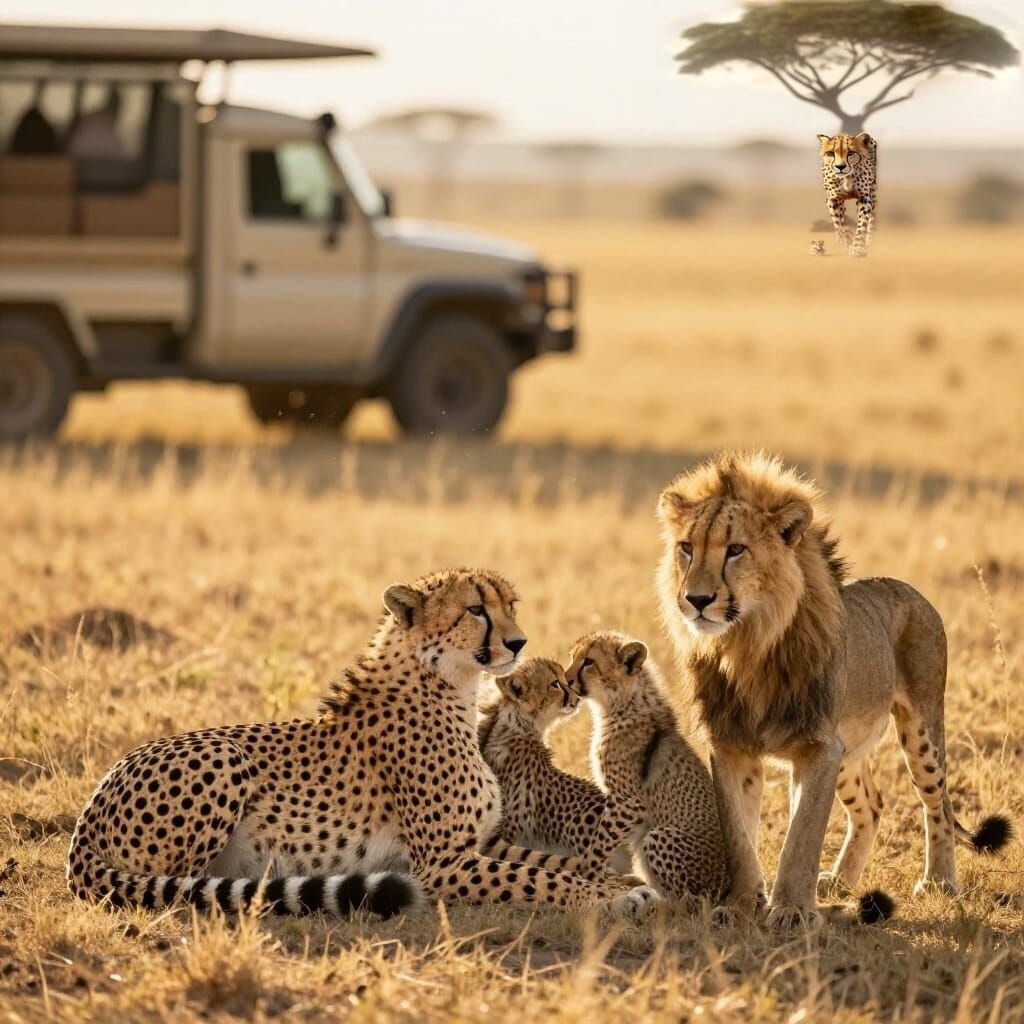Cheetah Nurtures Cubs and Lion Cub on Safari