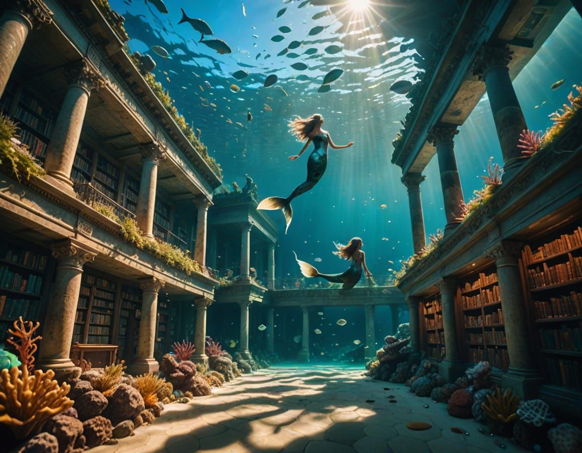 Underwater Mermaids in Ancient Library