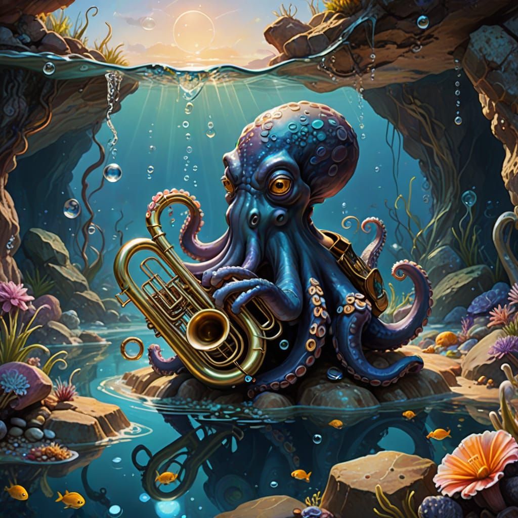 Octpus playing the trombone in a rock pool