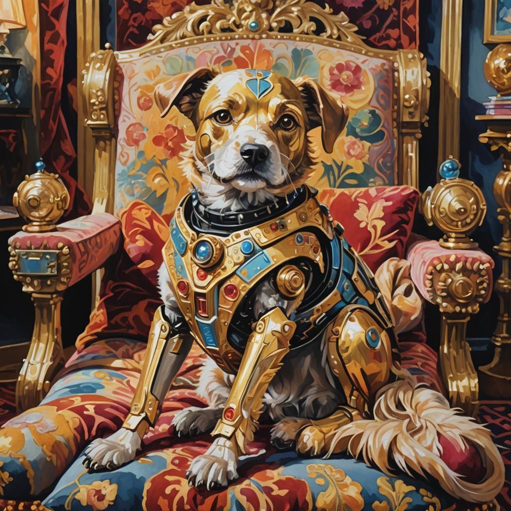 Happy Robot Dog in Ornate Room as Gouache Painting
