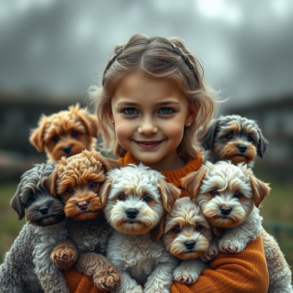 Girl Surrounded by Colorful Curly Dogs in a Moody Cinematic ...