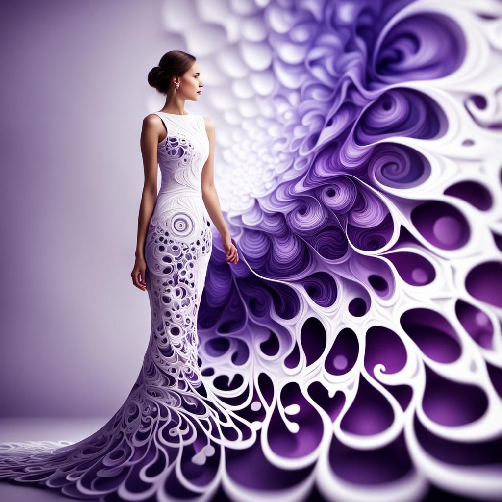 White Dress with Purple Fractal Zentangle Shading