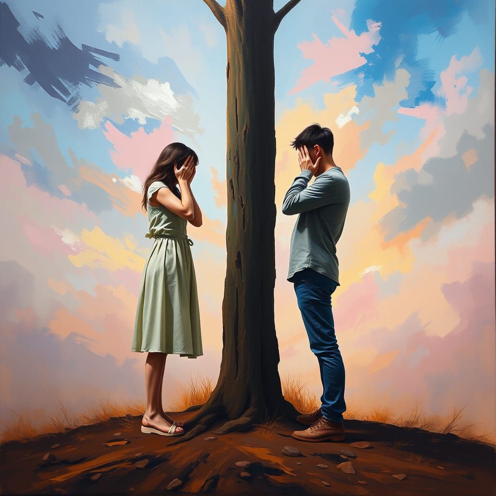 Figures Hiding Behind Trees in Pastel Oil Painting