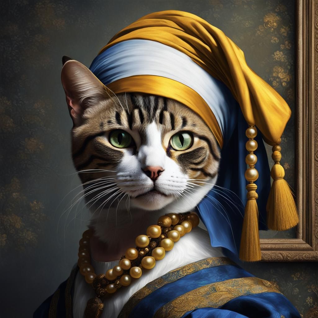 Cat Portrait in the Style of Vermeer's Girl