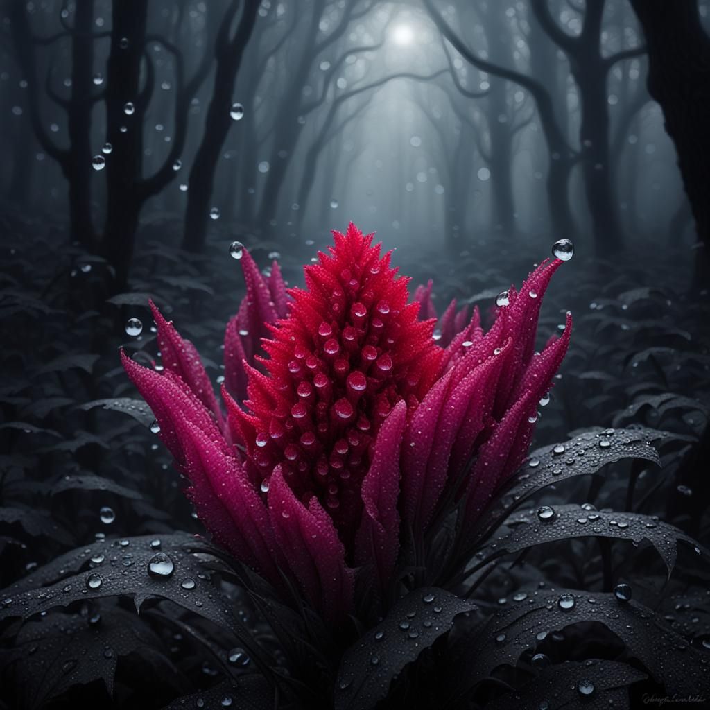 Celosia Bloom in Misty Forest: Macro with Dew