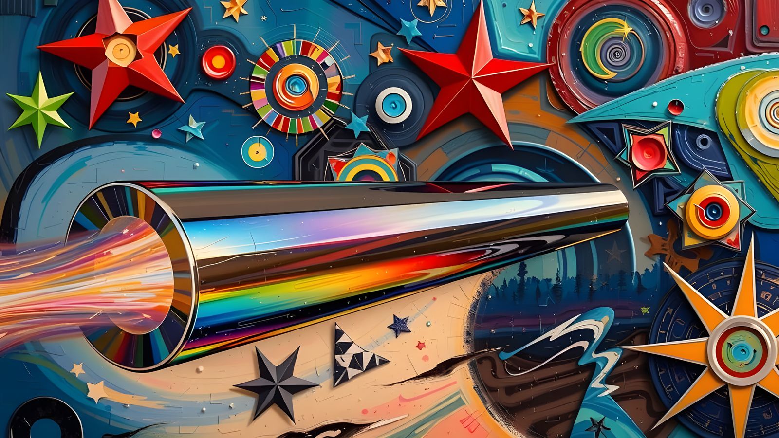 Sleek Rainbow Cylinder in Cosmic Impasto Oil Paint Vortex