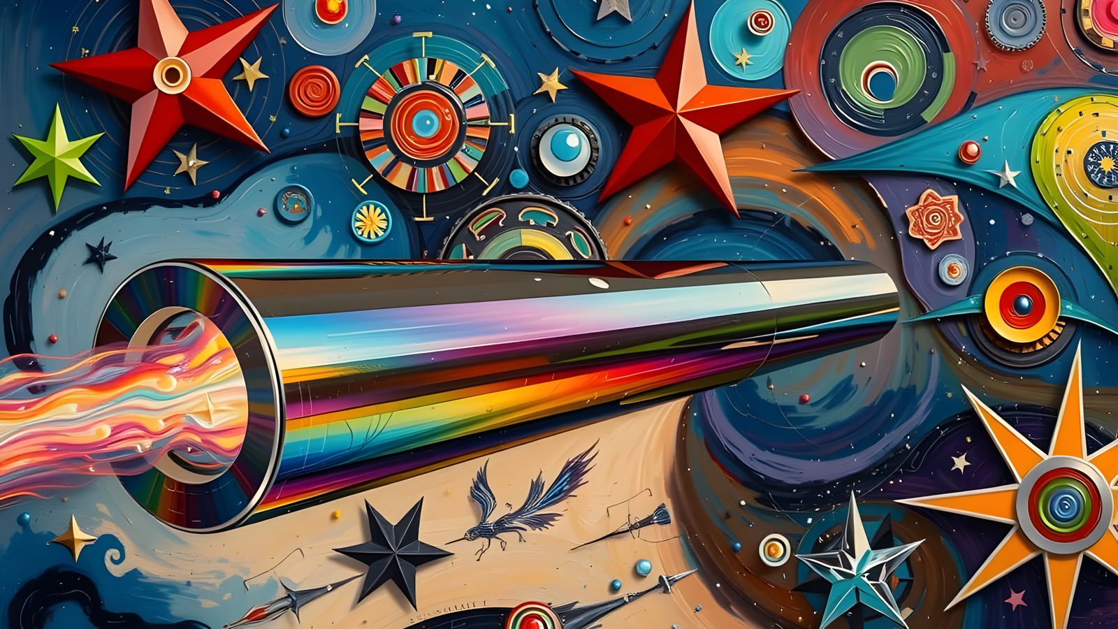 Sleek Rainbow Cylinder with Vortex Exhaust in Dreamy Impasto...