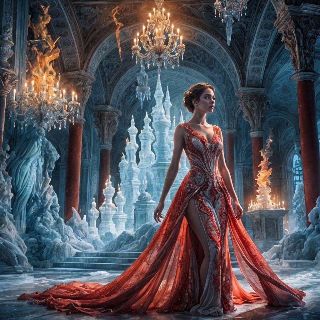 Fiery Woman in Ice Palace, Digital Illustration