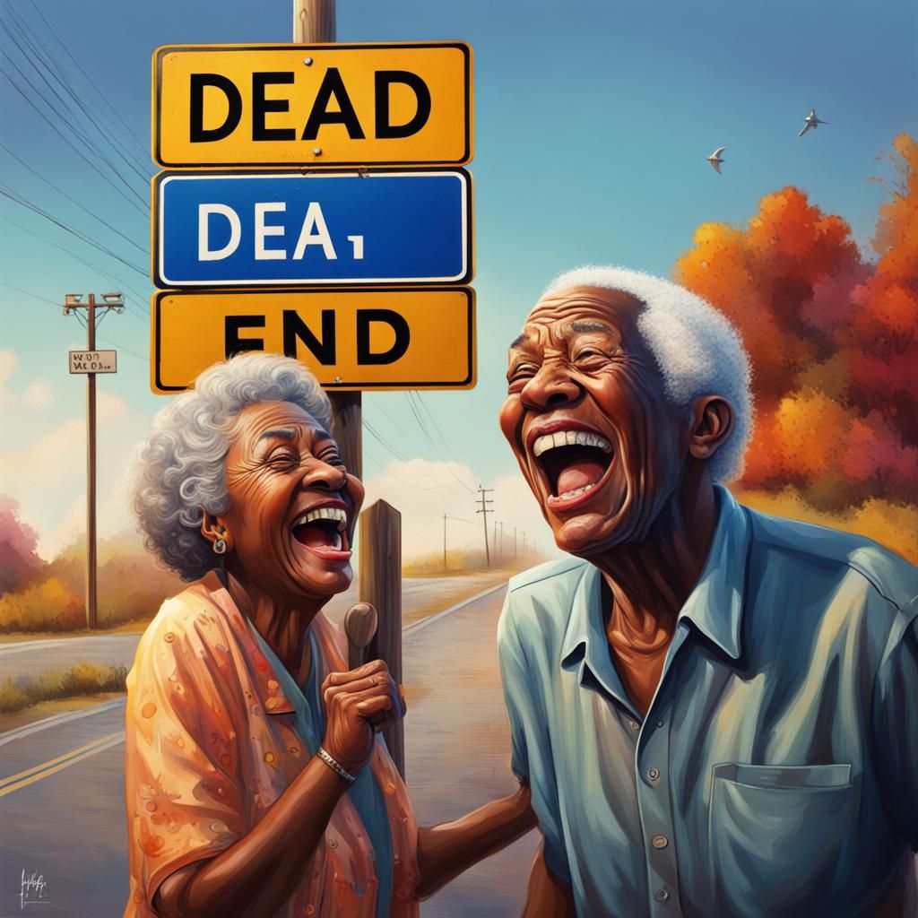 Elderly Couple Laughing at Dead End Sign