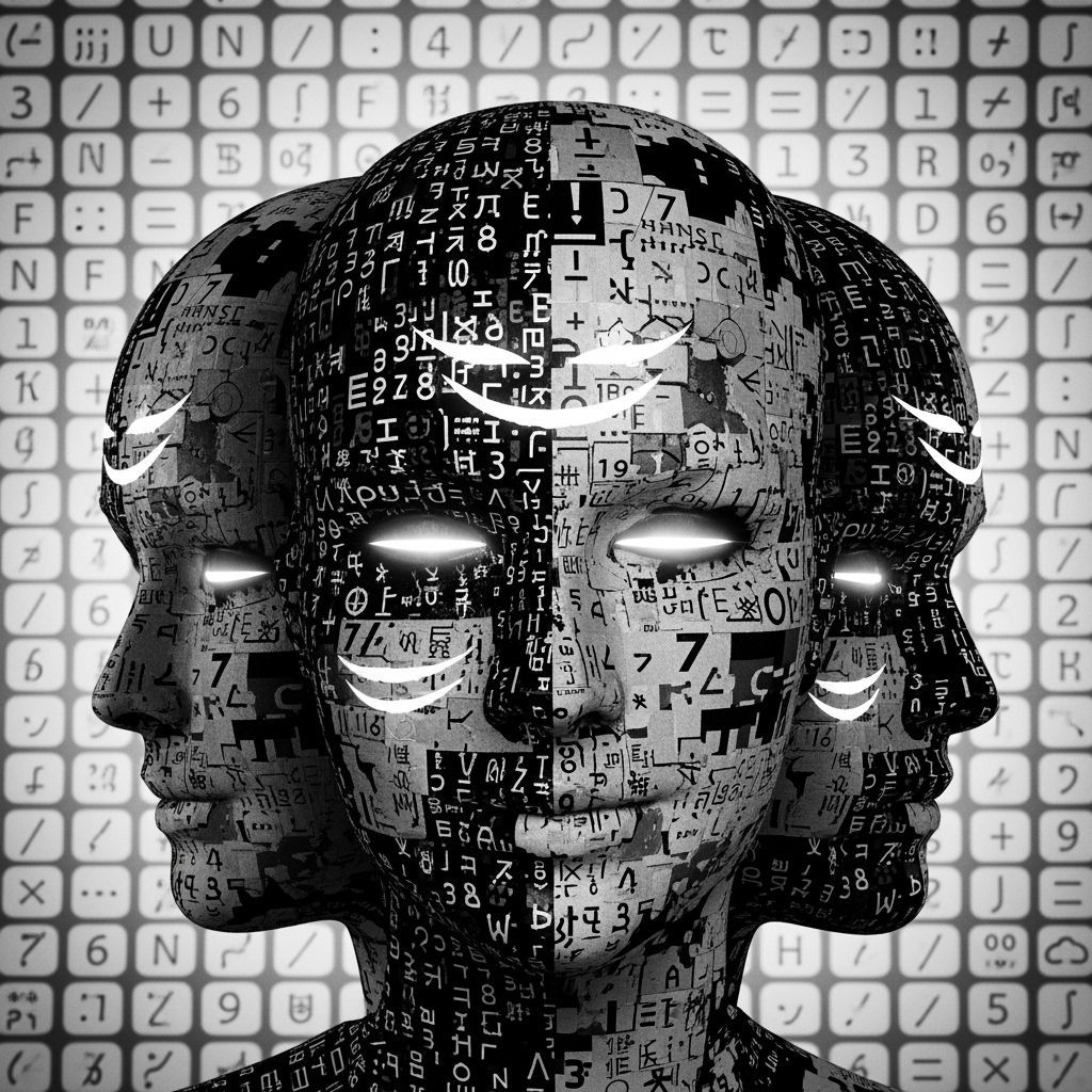 Complex Glitch Art Portrait with Fractured Faces