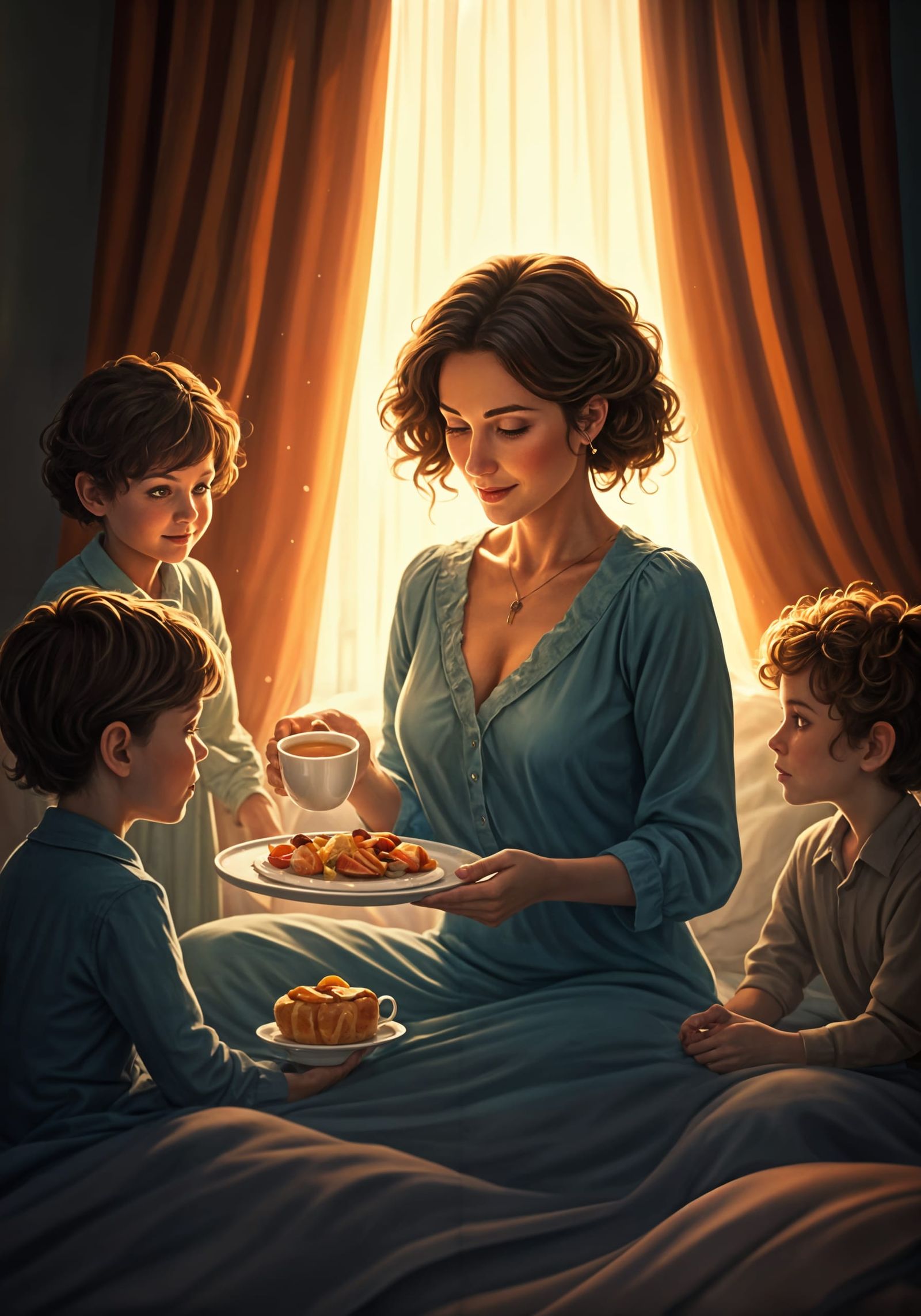 Sisters Serving Breakfast in Bed to Their Happy Mother