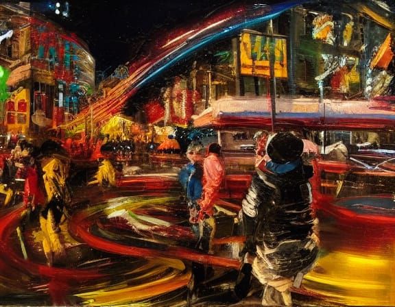 Vibrant Urban Scene with Figures Amidst Tall Buildings in Hy...