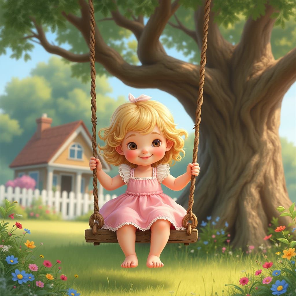 Whimsical Baby Girl on a Wooden Swing in a Sun-Dappled Yard