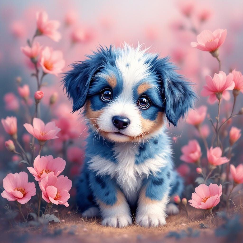 Blue Puppy with Pink Flowers in Watercolor Style