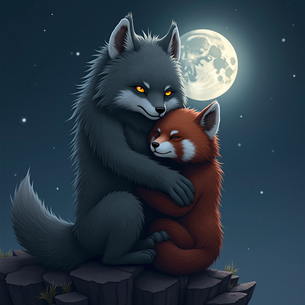 Wolf Embraces Weary Panda-Kitten in Moonlit Fantasy
