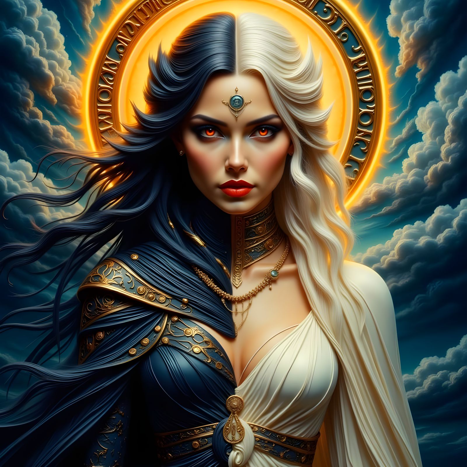 Virtuous Maiden Confronts the Shadows in a Dreamlike Vortex