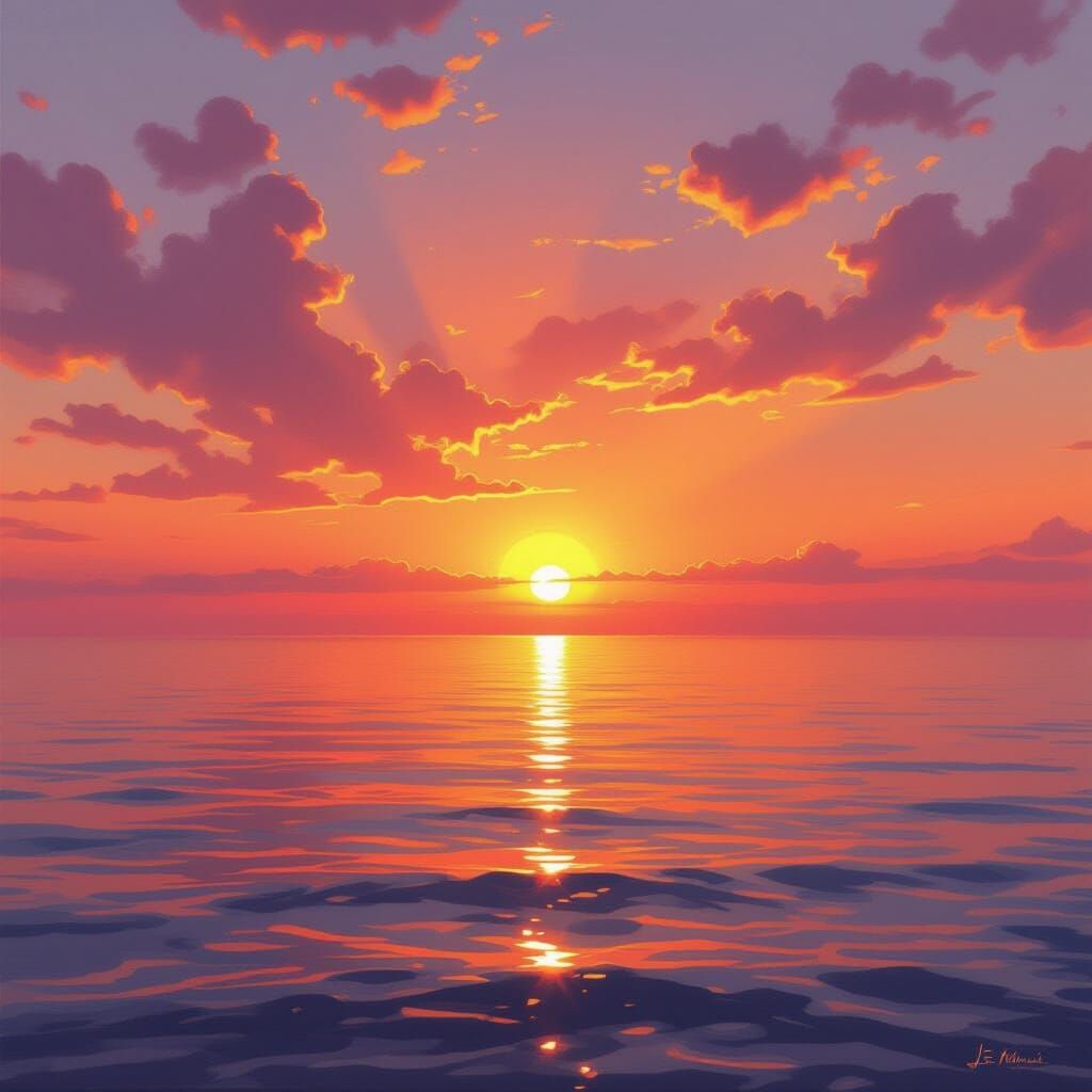 Dramatic Sunset Over Tranquil Ocean in Turner Style