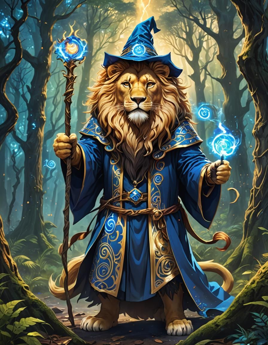 Lion Wizard in Mystical Forest, Anime Style