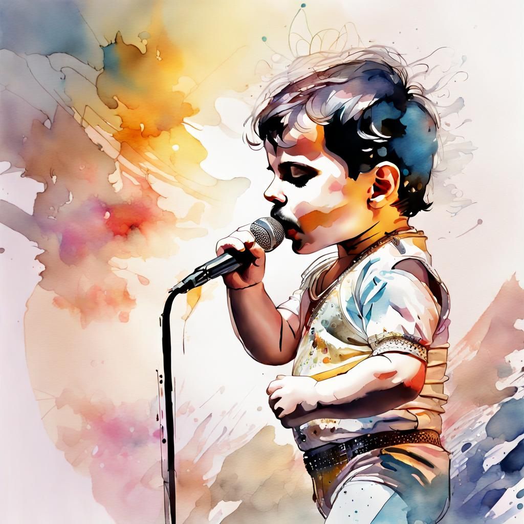 Chibi Freddie Mercury Sings at Live Aid: Watercolor Art