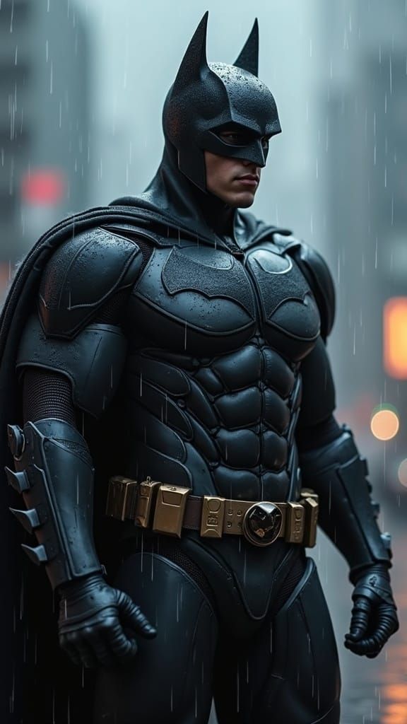 Dark Armored Vigilante in Stormy Cityscape