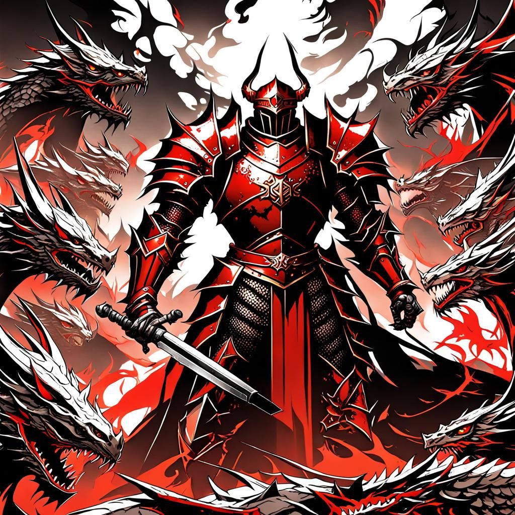 Evil Knight Surrounded by Dragons in Anime Style