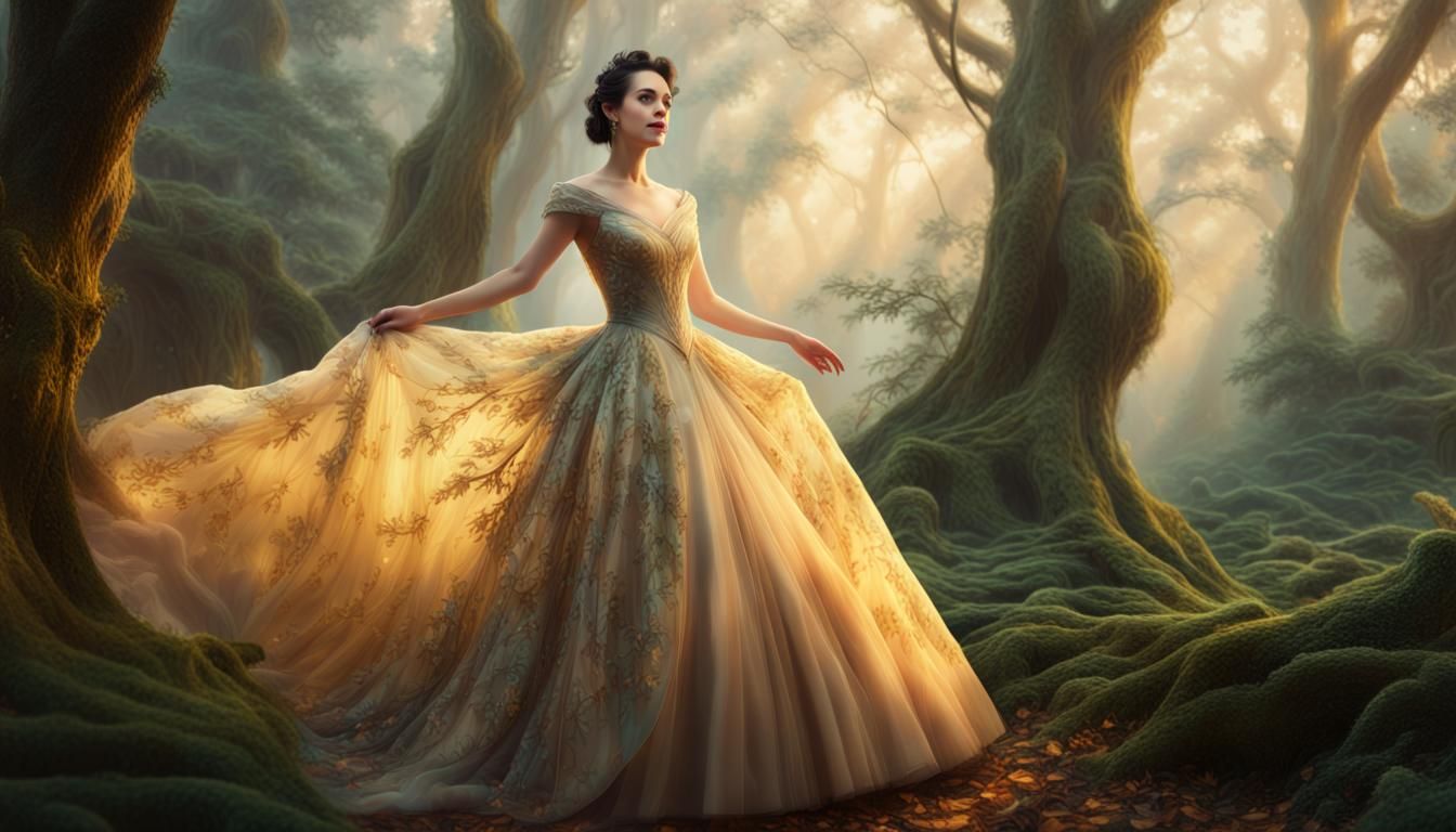 Surreal Ballgown Lady Embracing Grand Forest Landscape