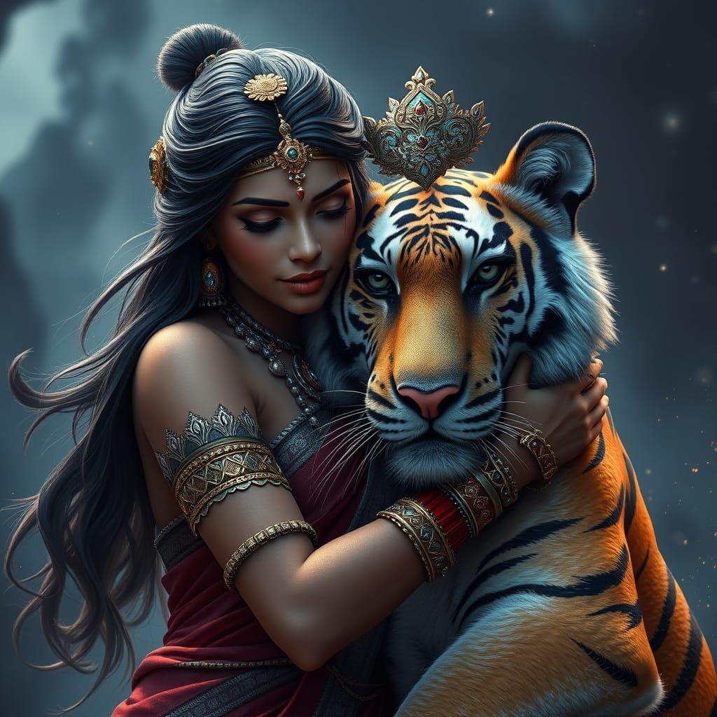 Majestic Indian Princess Embracing a Tiger in a Vibrant Fant...