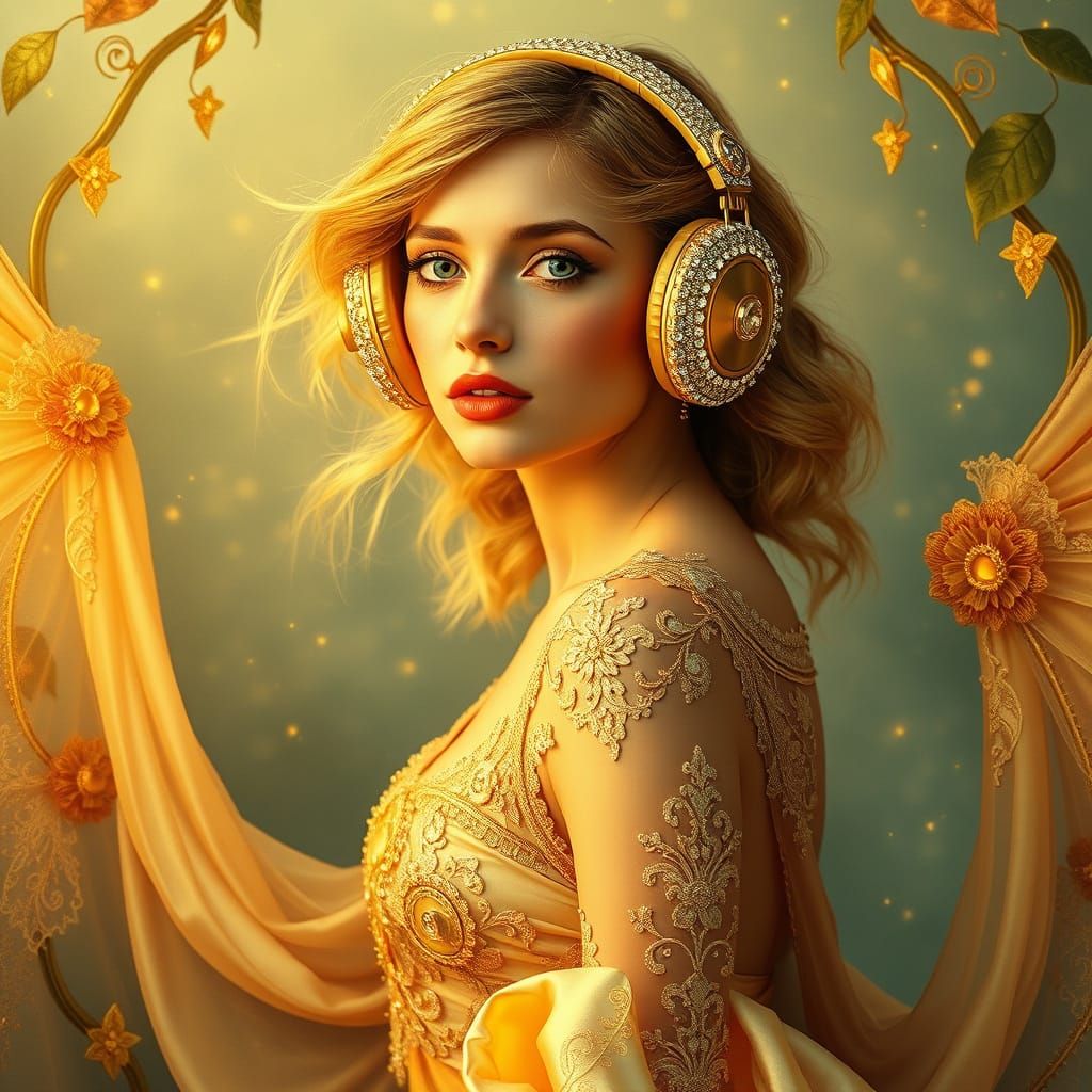 Golden Goddess in Elegant Art Nouveau Headphones