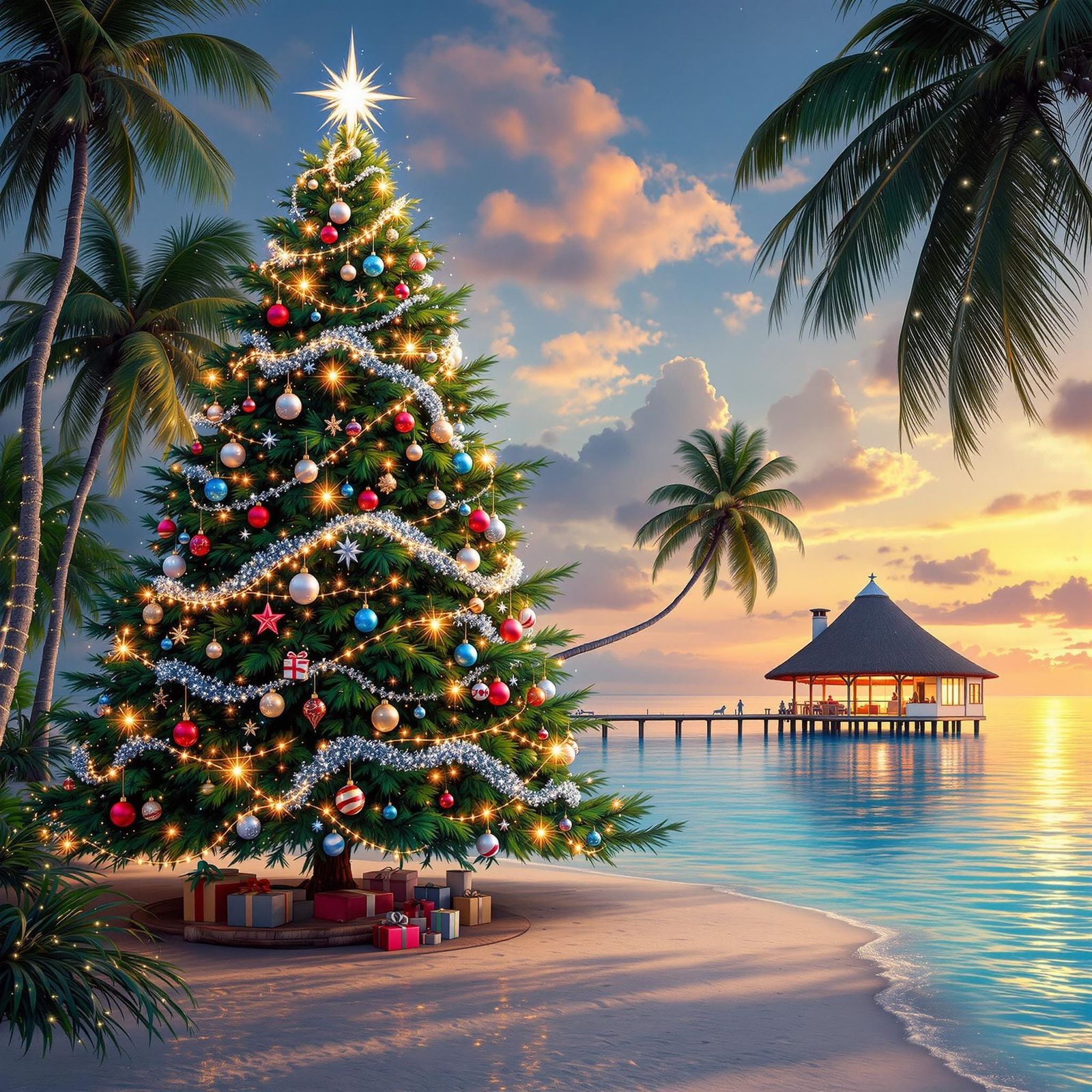 Majestic Christmas Tree by Tropical Beach in Hyperrealistic...