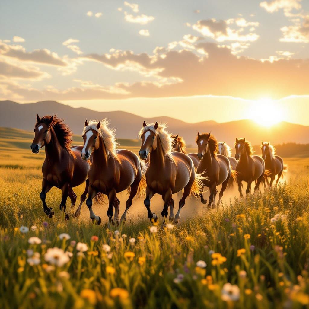 Wild Horses Gallop Through Sunlit Meadow in Painterly Style