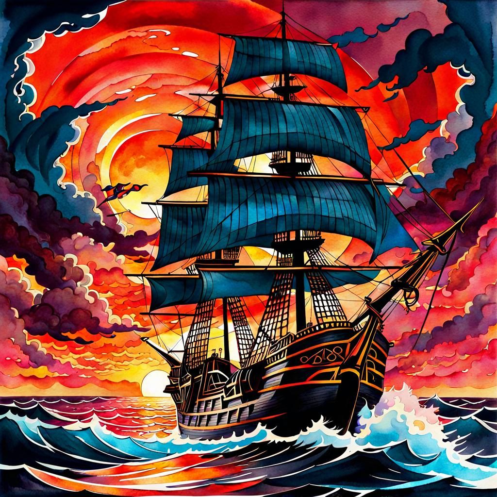 Watercolor Pirate Ship at Sunset with Lightning