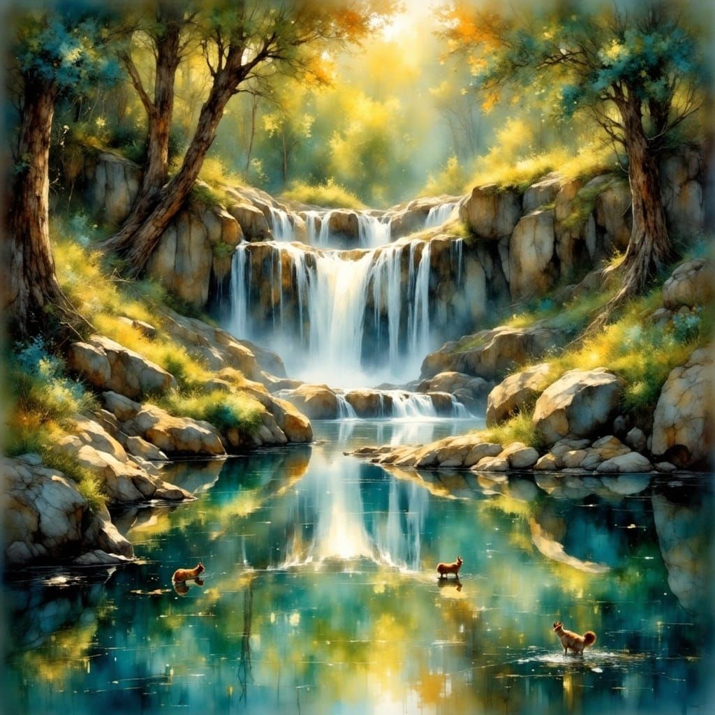 Ethereal Waterfall Scene in Painterly Style