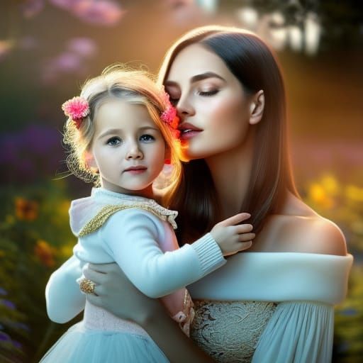 Radiant Mother and Daughter Portrait in Pre-Raphaelite Style