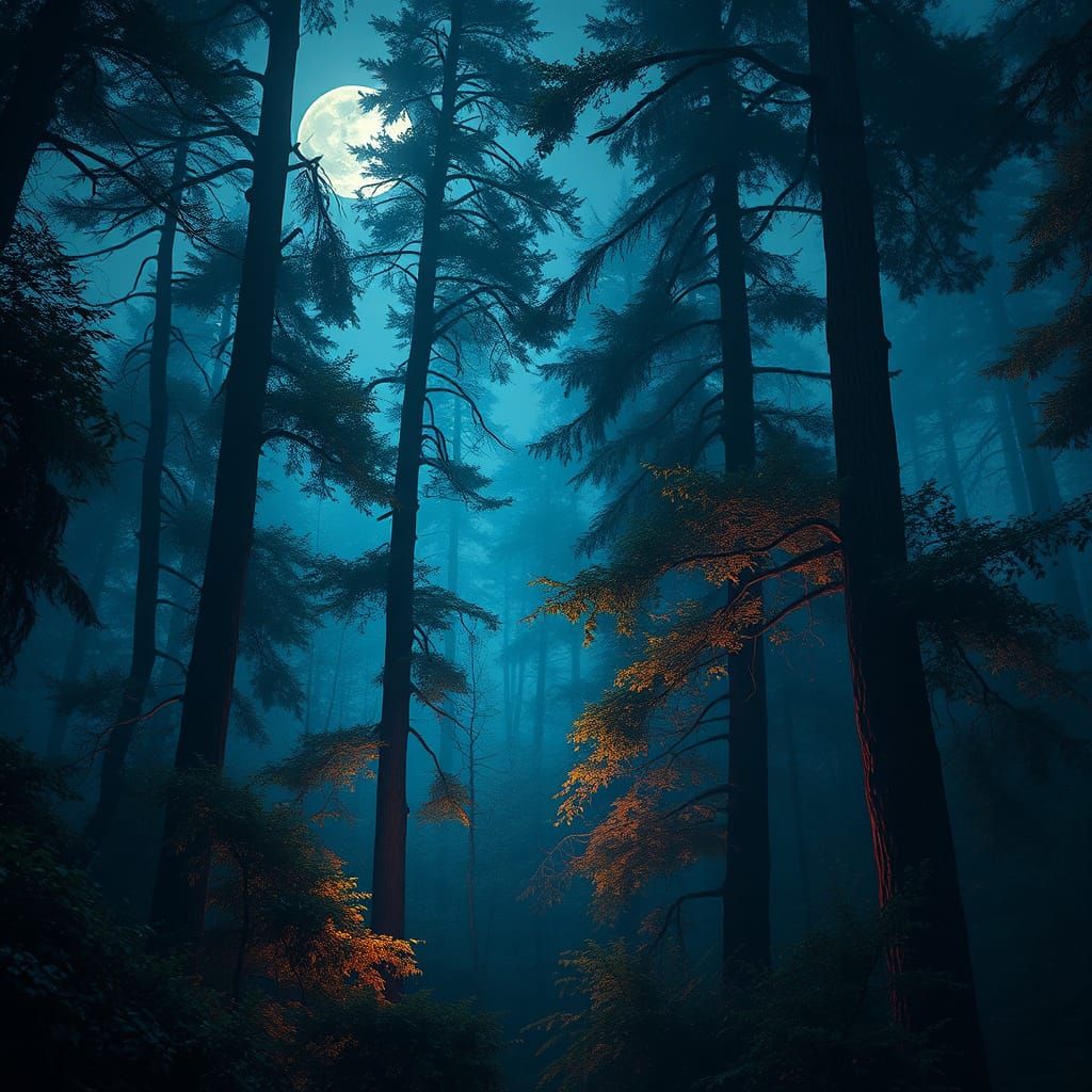 Ethereal Moonlight Illuminates Dense Forest