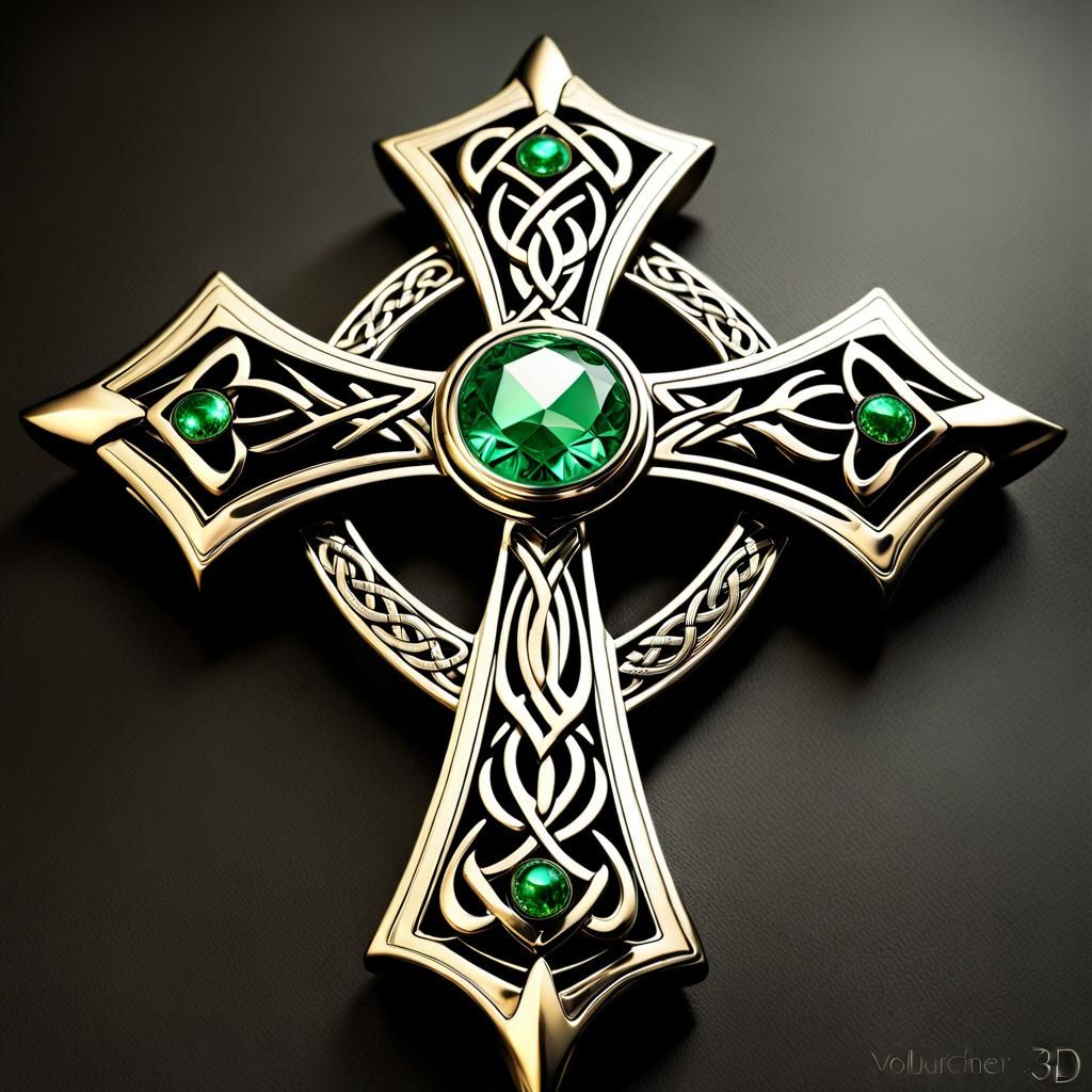 Metallic Celtic Amulet Cross with Green Gem