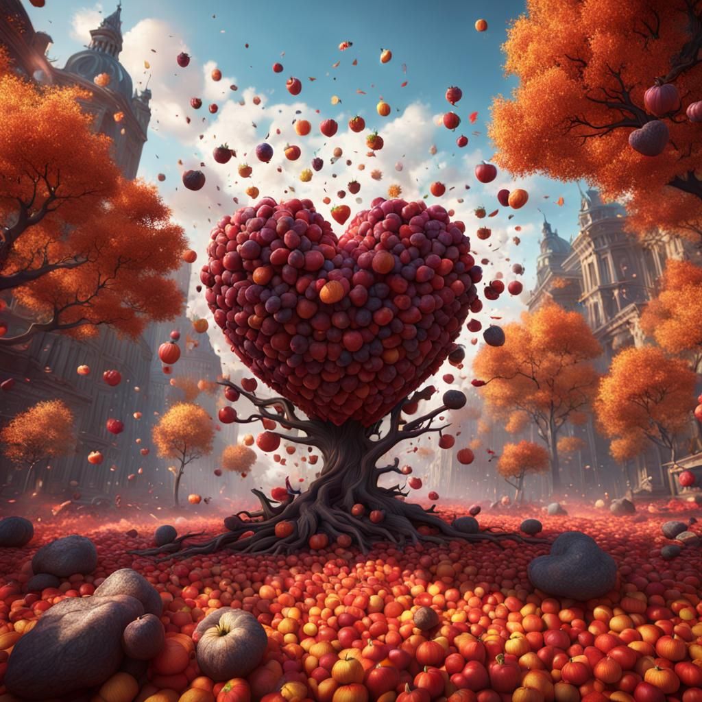 Heart-Shaped Autumn Fruit Explosion: Fantasy Concept Art