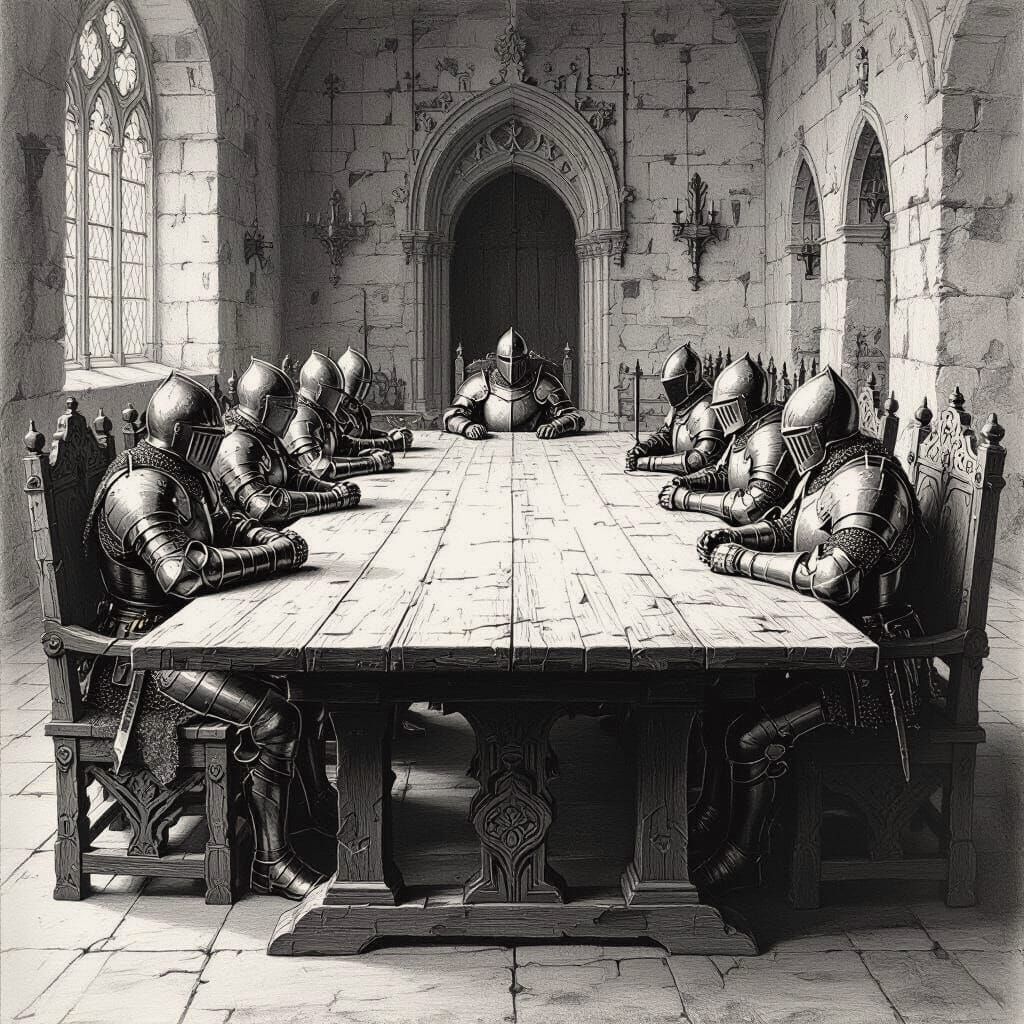 Medieval Knights at Royal Table in Charcoal Style