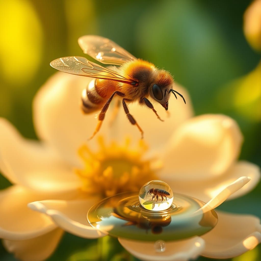 Bee in Golden Light Reflected, Impressionistic Style