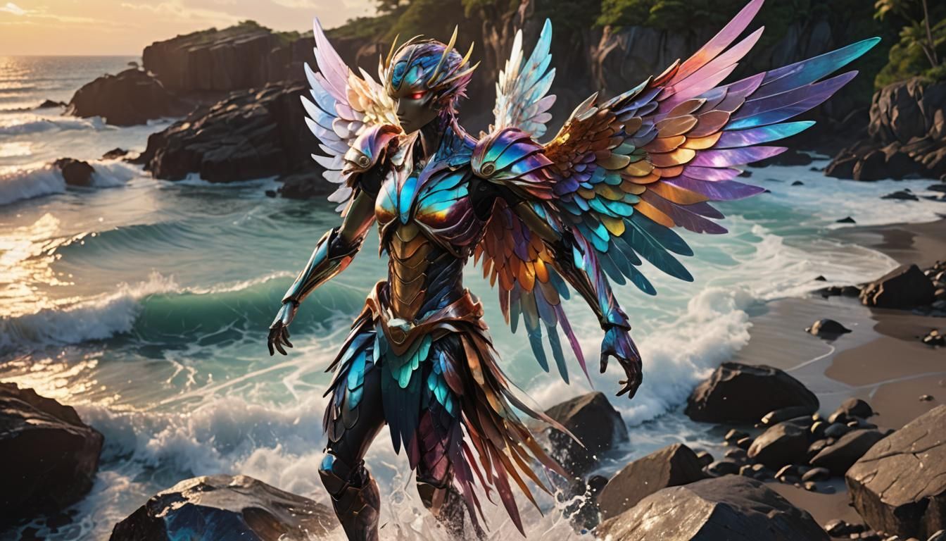 Winged Hero on Coastline in Splash Art Style