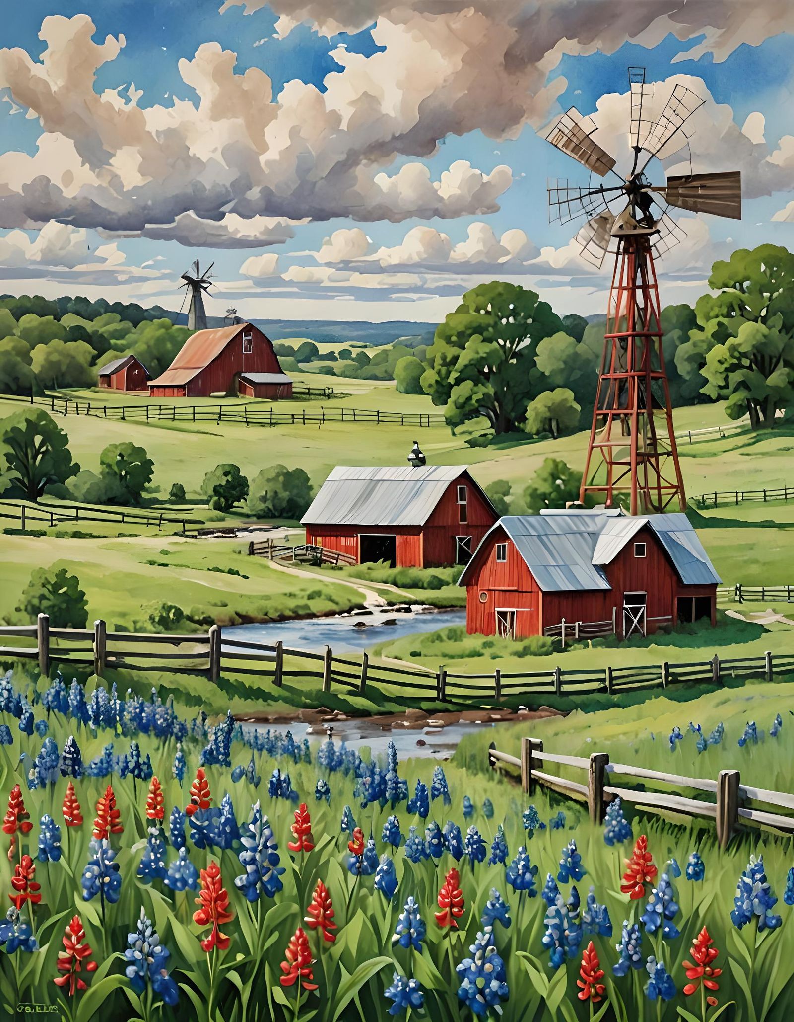 Impressionist Barn with Bluebonnets in Gouache Style