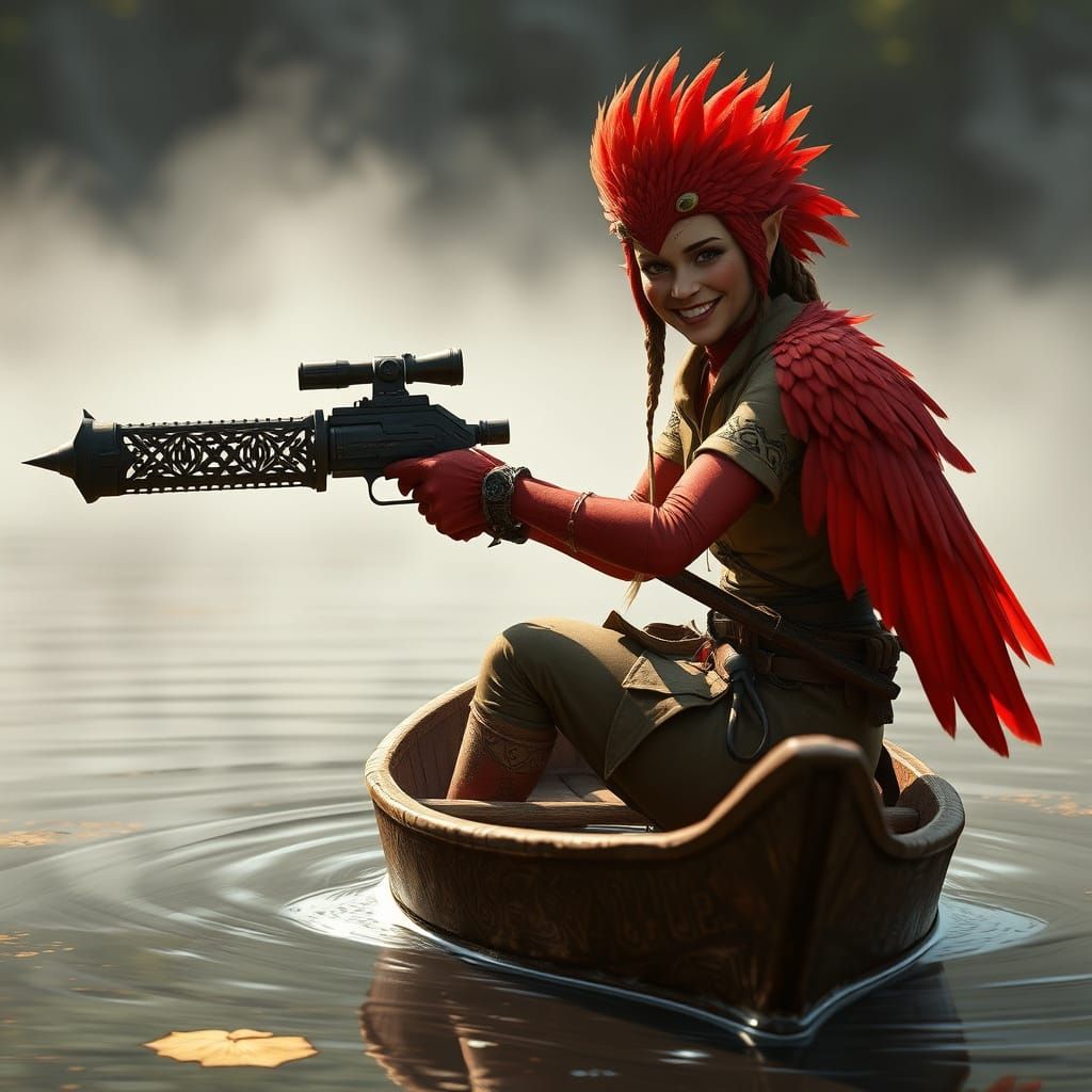 Avian Assassin Rows Boat Across Serene Pond with Cunning Gri...