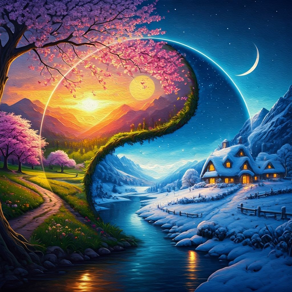 Yin Yang Symbol: Spring and Winter Oil Painting