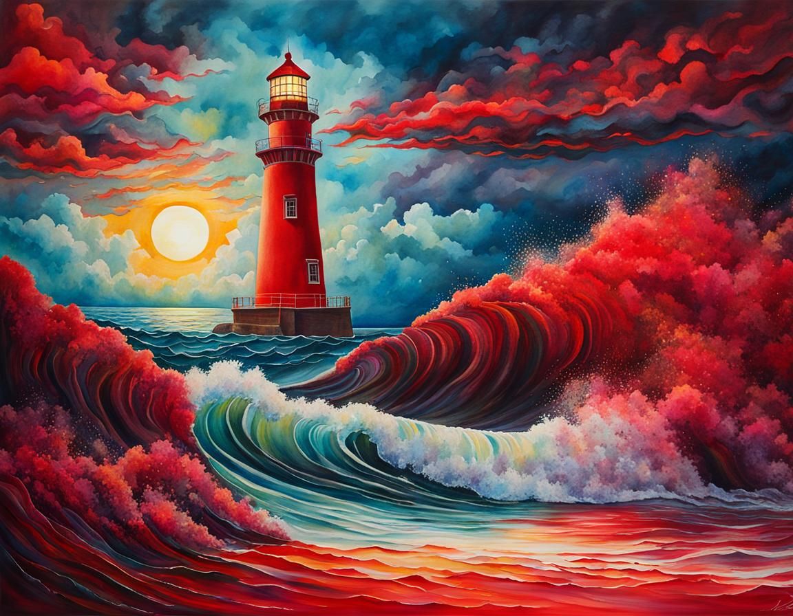 Lighthouse Amidst Bioluminescent Red Tide Illustration