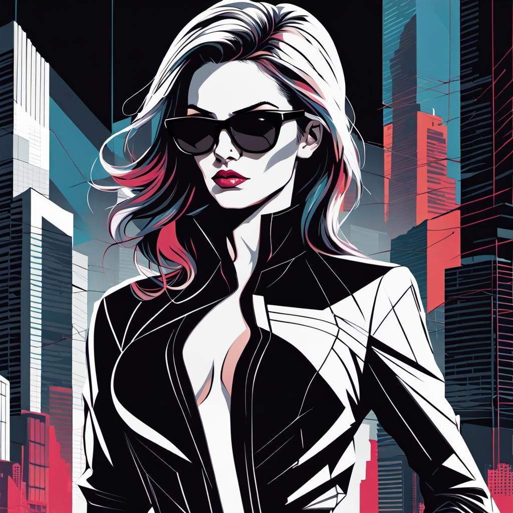 Glamorous Secret Agent in Abstract Geometric Cityscape
