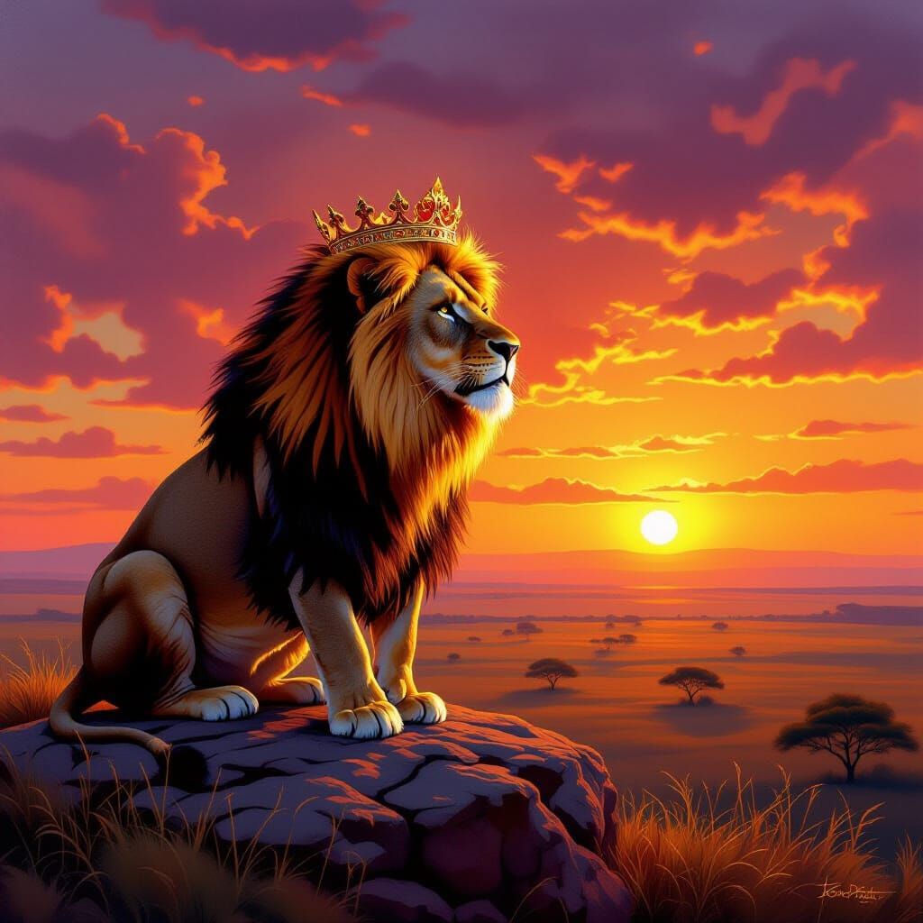 Regal Lion with Crown on Savannah at Sunset