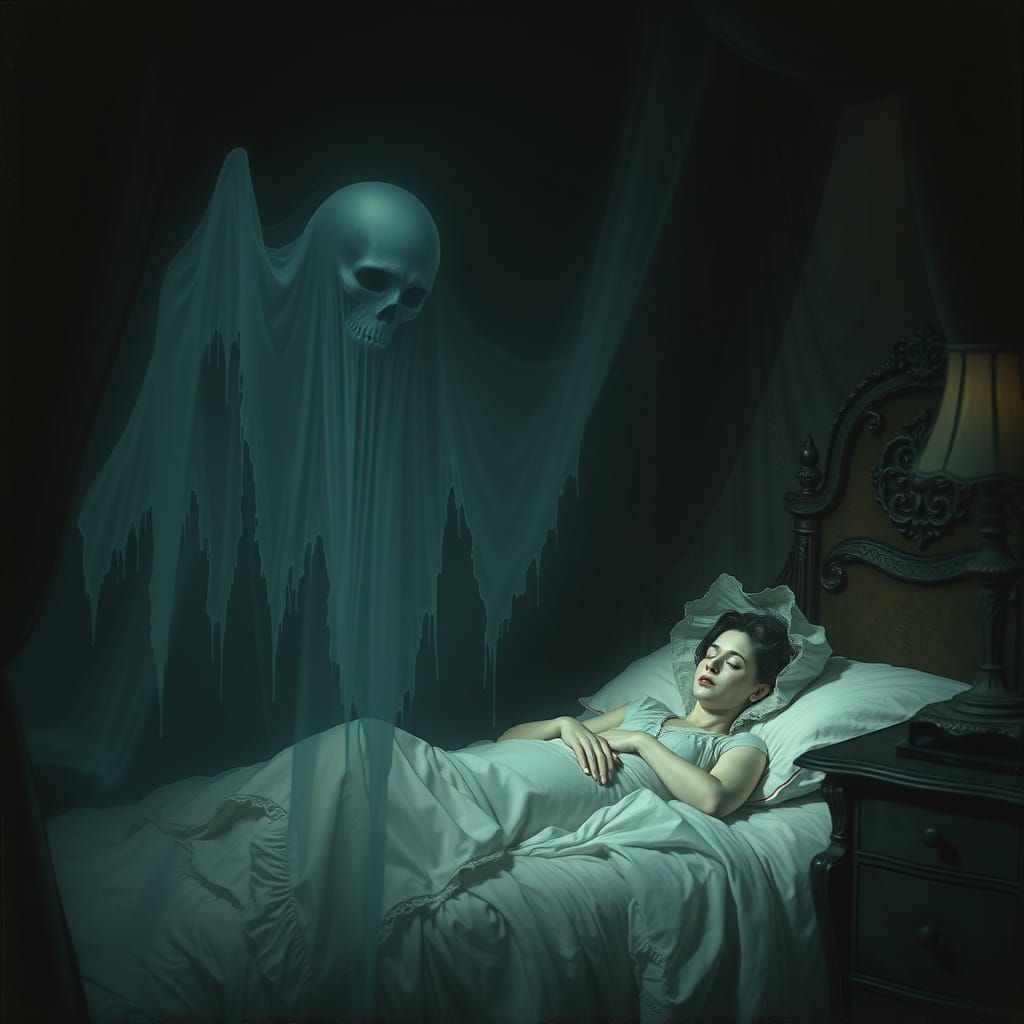 Ghostly Figure Spies on Sleeping Woman in Haunting Victorian...