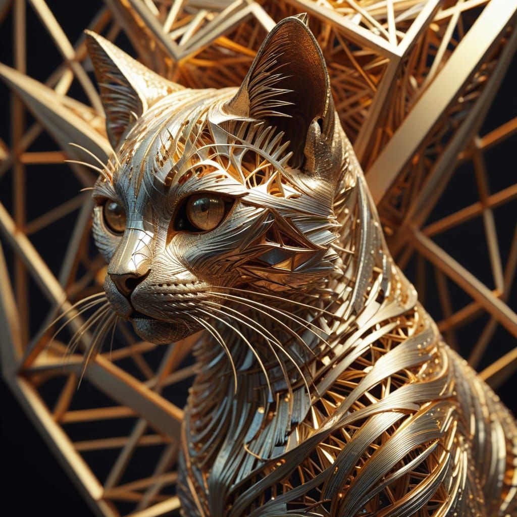 Cubist Cat Silhouette in Golden Thread Sculpture