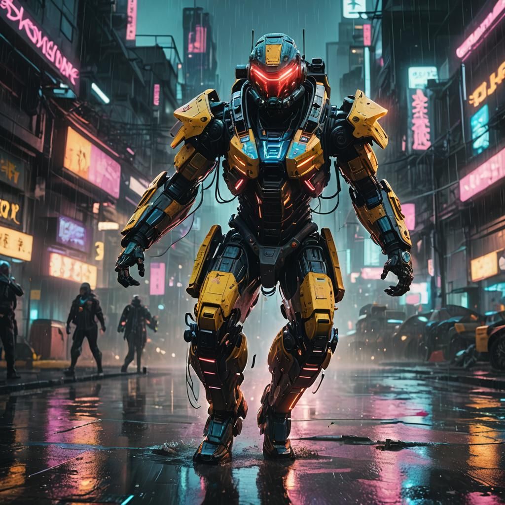 Futuristic Warrior in Glowing Suit, Cyberpunk Battlefield